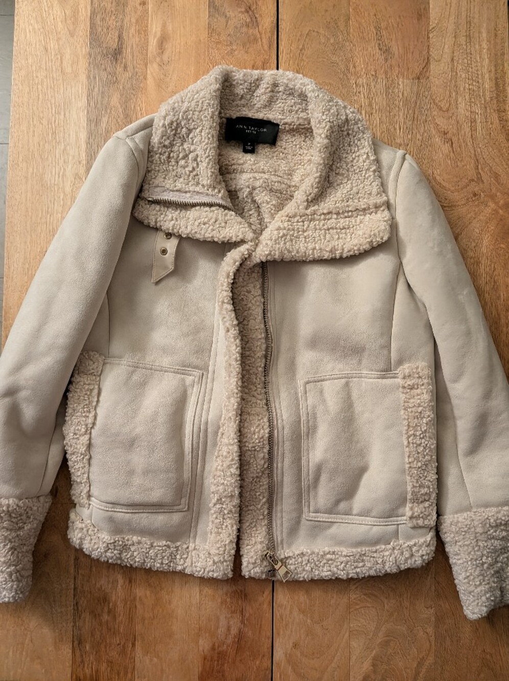 Ann Taylor Cream Faux Shearling Zip Jacket